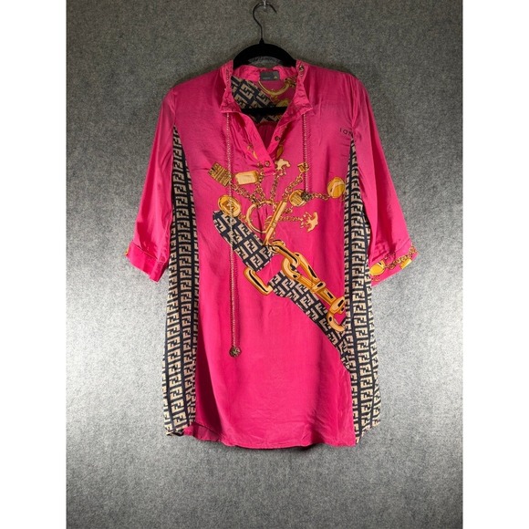 Fendi Pink Silk Chain Print Shirt Tunic Women's Size XL Made in Italy - Picture 1 of 8